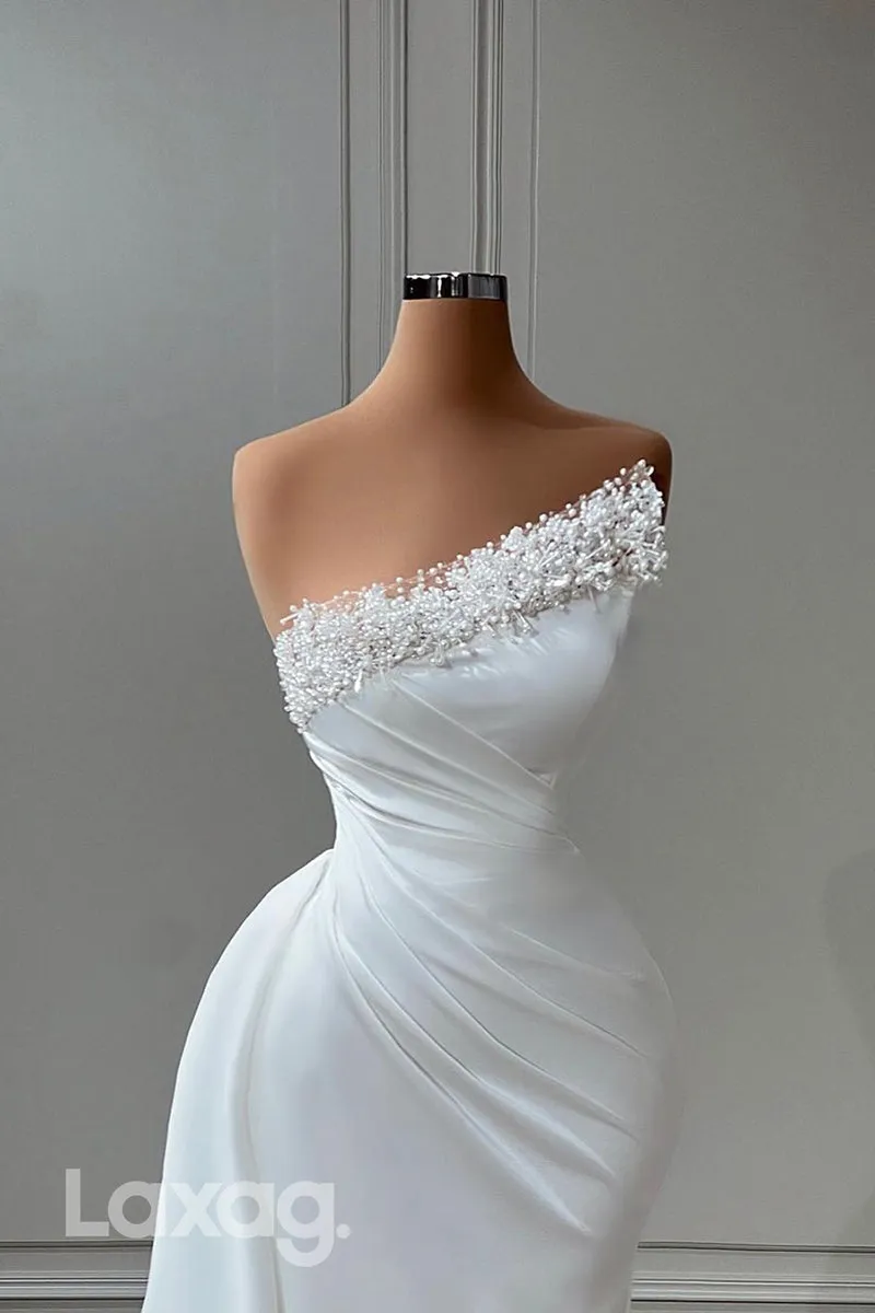 21998 - Unique One Shoulder Pearls Ruched Mermaid Long Formal Prom Dress