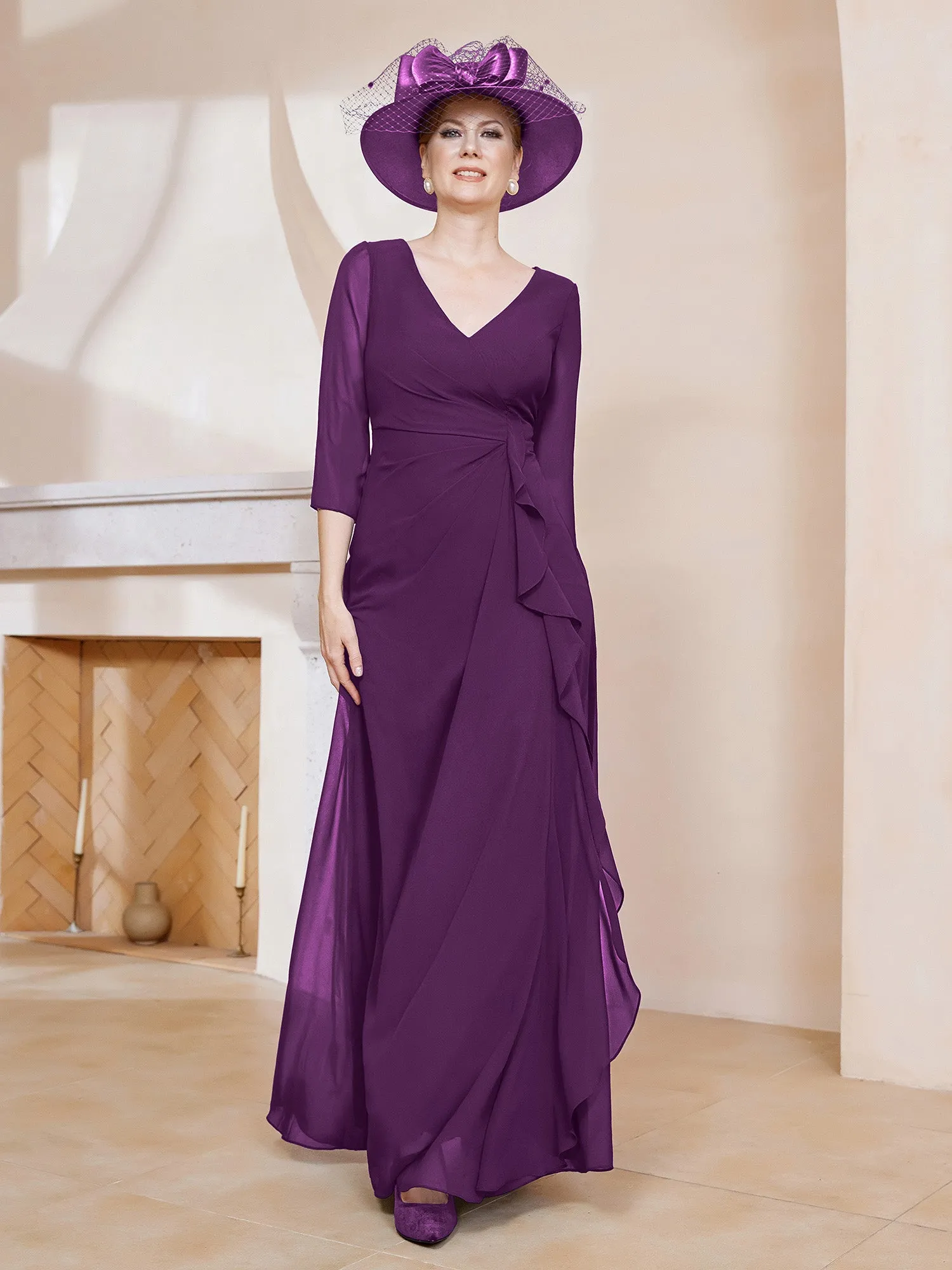 3/4-Length Sleeves V-neck Pleated Long Dress Grape