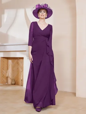 3/4-Length Sleeves V-neck Pleated Long Dress Grape