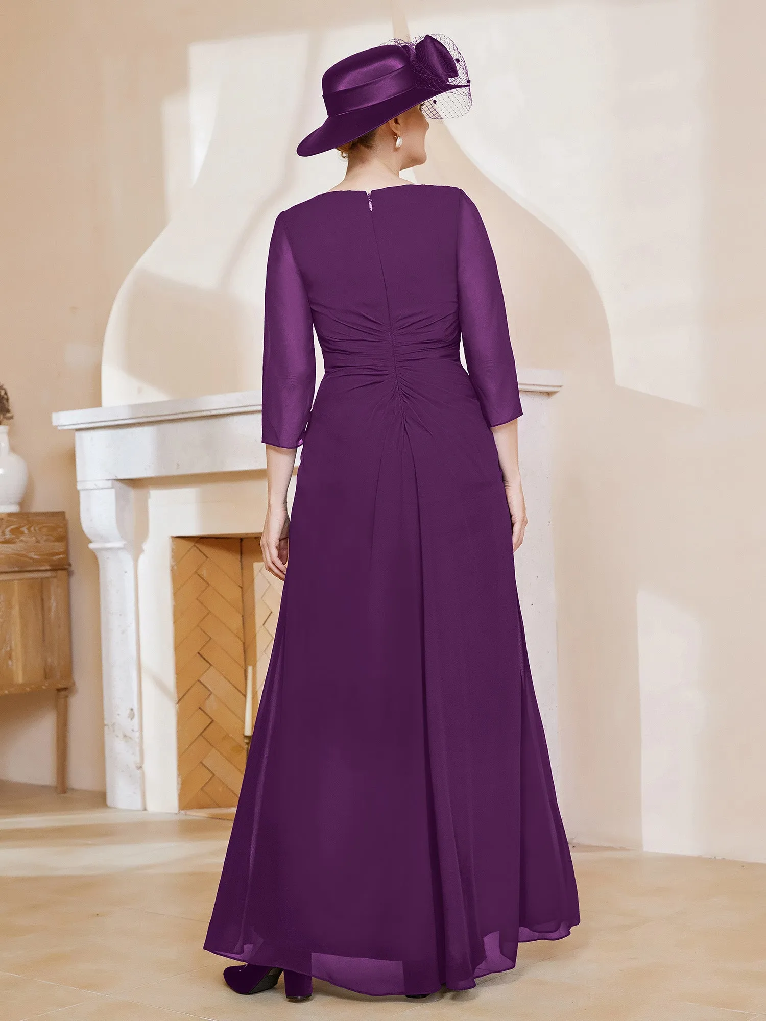 3/4-Length Sleeves V-neck Pleated Long Dress Grape