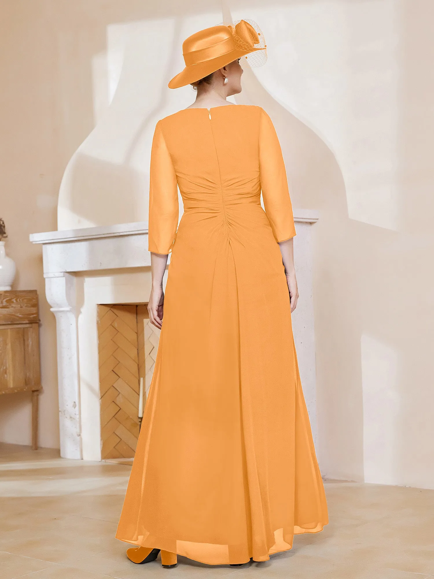 3/4-Length Sleeves V-neck Pleated Long Dress Tangerine