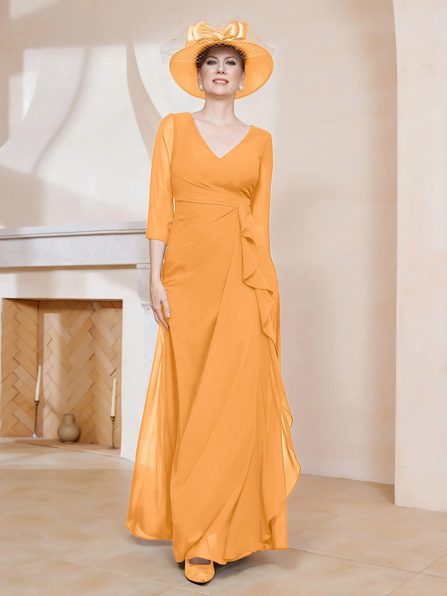 3/4-Length Sleeves V-neck Pleated Long Dress Tangerine
