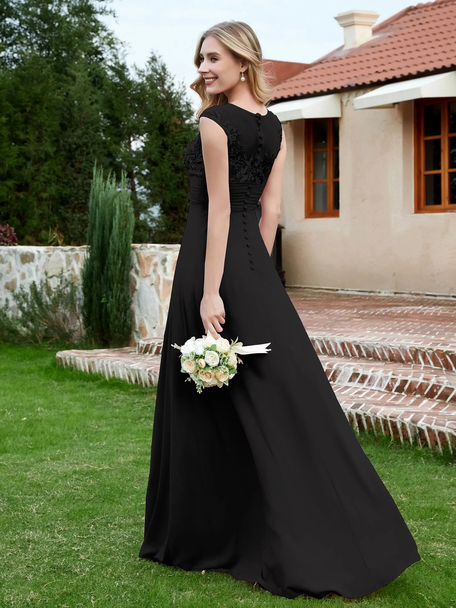 A-Line Chiffon Dress with Illusion Neckline Black