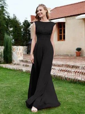 A-Line Chiffon Dress with Illusion Neckline Black