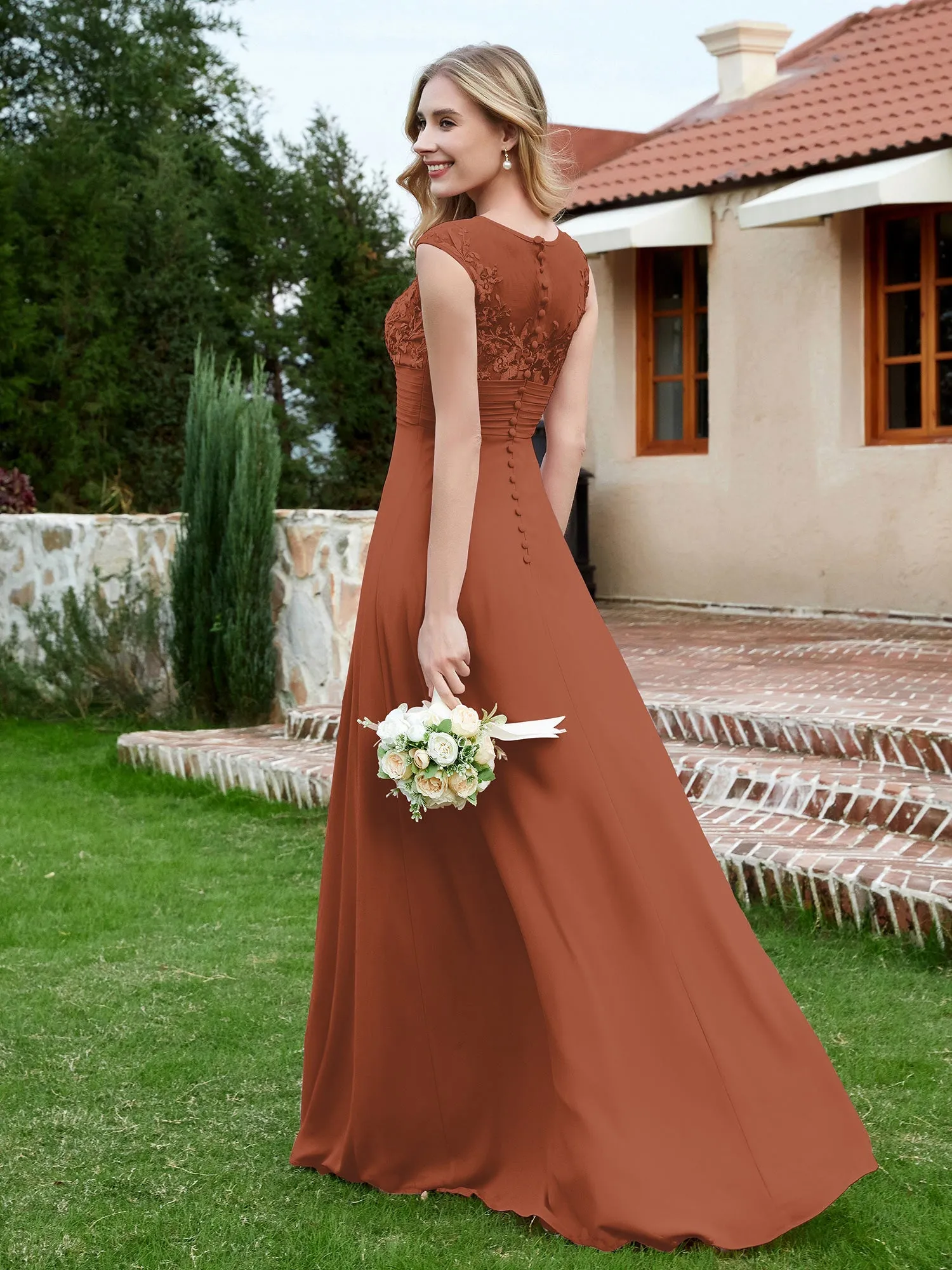 A-Line Chiffon Dress with Illusion Neckline Rust