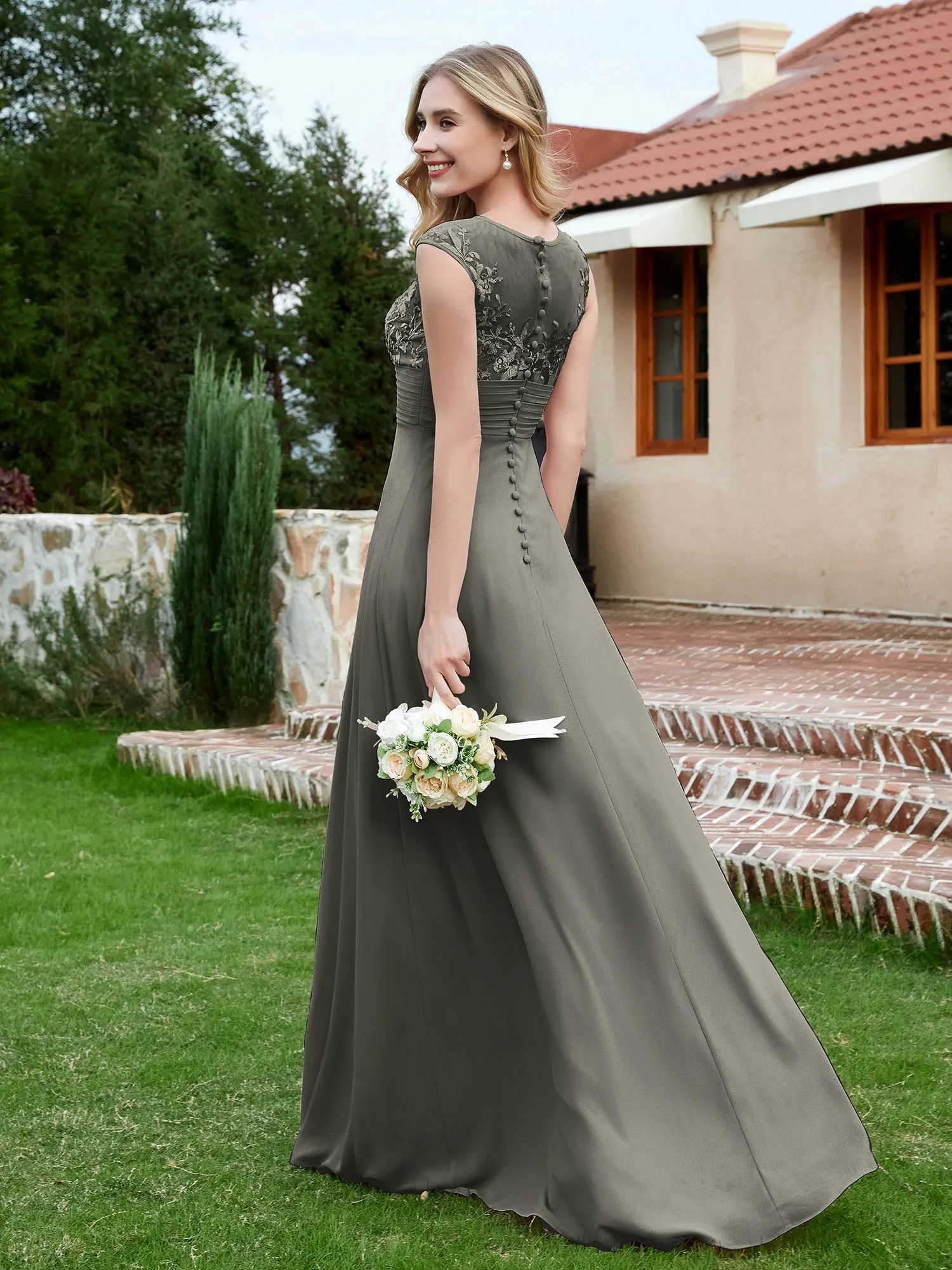 A-Line Chiffon Dress with Illusion Neckline Steel Grey