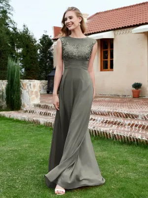 A-Line Chiffon Dress with Illusion Neckline Steel Grey
