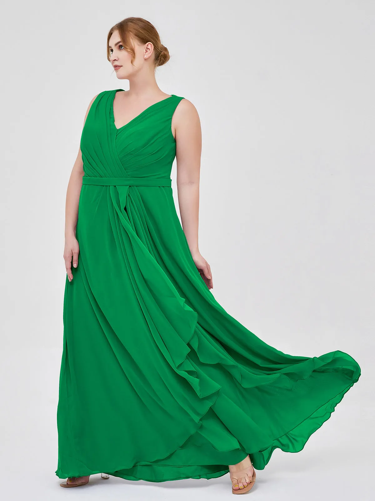 A-line Chiffon Open Back Dress With V-Neck Emerald Plus Size