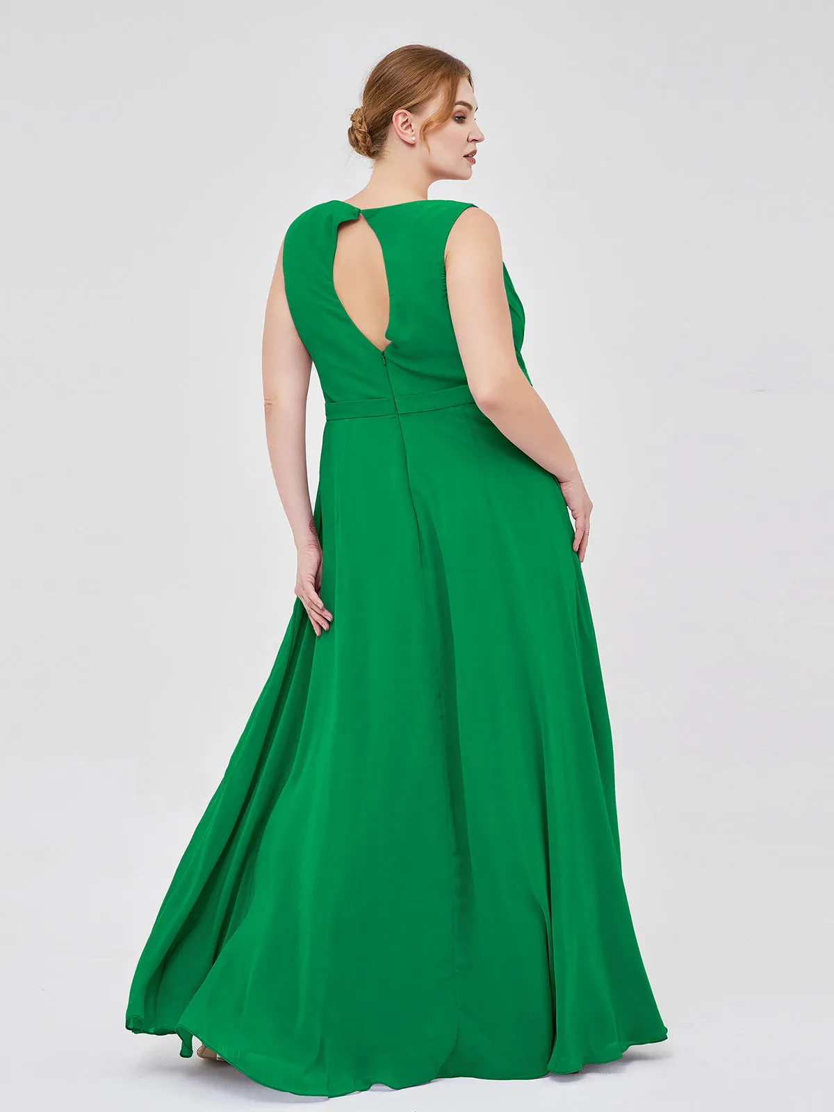 A-line Chiffon Open Back Dress With V-Neck Emerald Plus Size