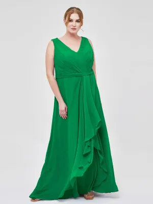 A-line Chiffon Open Back Dress With V-Neck Emerald Plus Size