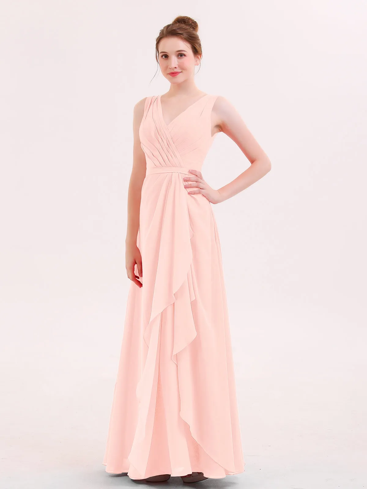 A-line Chiffon Open Back Dress With V-Neck Pearl Pink