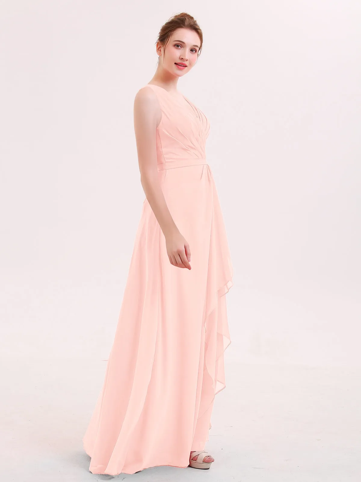 A-line Chiffon Open Back Dress With V-Neck Pearl Pink
