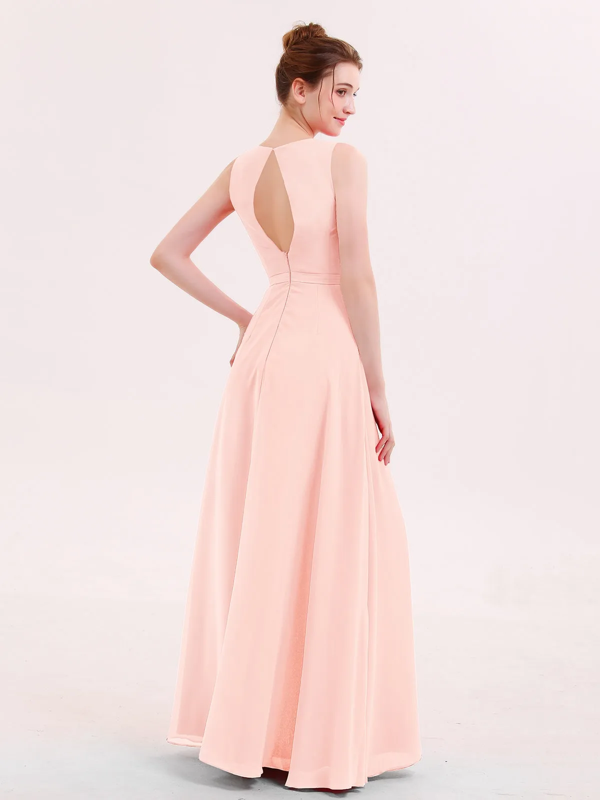 A-line Chiffon Open Back Dress With V-Neck Pearl Pink