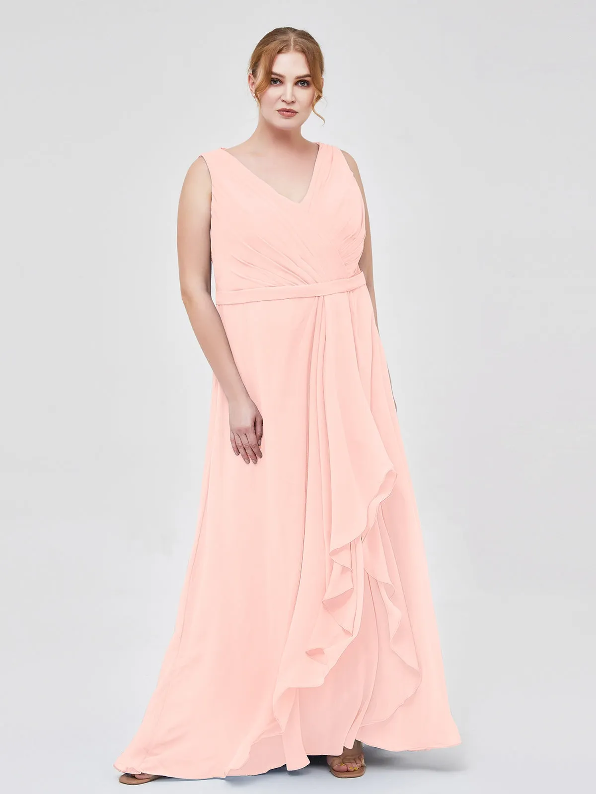 A-line Chiffon Open Back Dress With V-Neck Pearl Pink