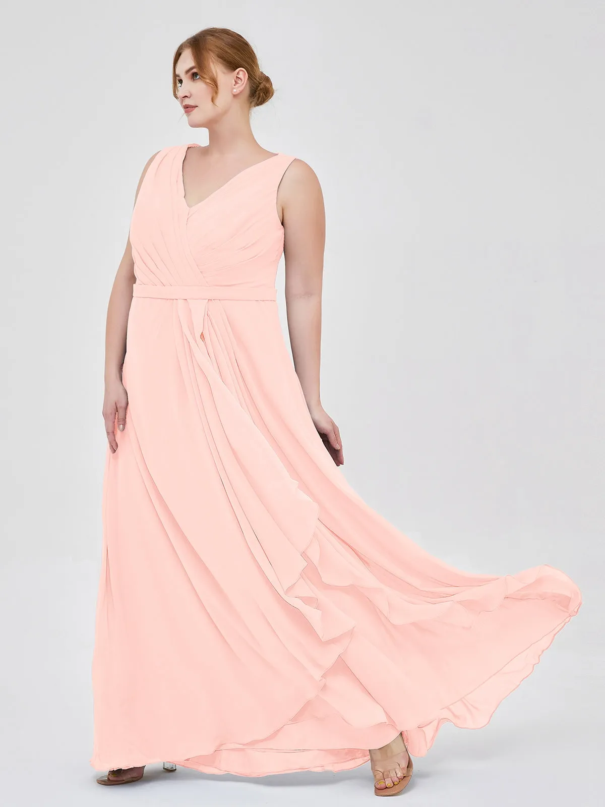 A-line Chiffon Open Back Dress With V-Neck Pearl Pink