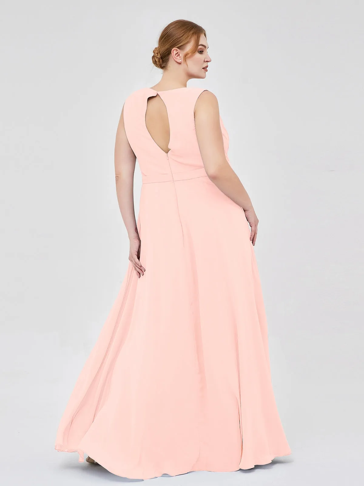 A-line Chiffon Open Back Dress With V-Neck Pearl Pink