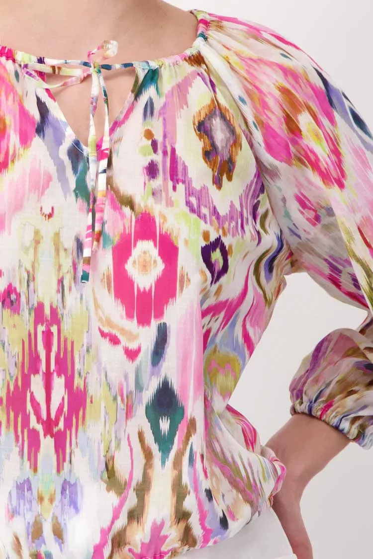 Airy Blouse w Pink Ikat Pattern