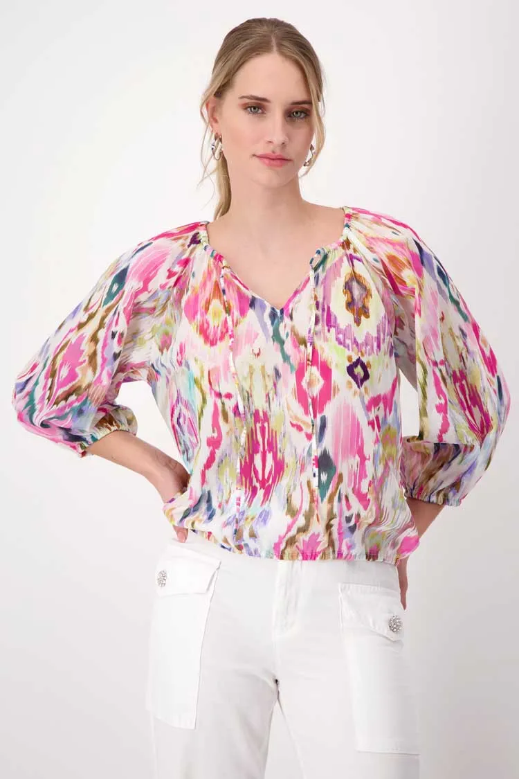 Airy Blouse w Pink Ikat Pattern