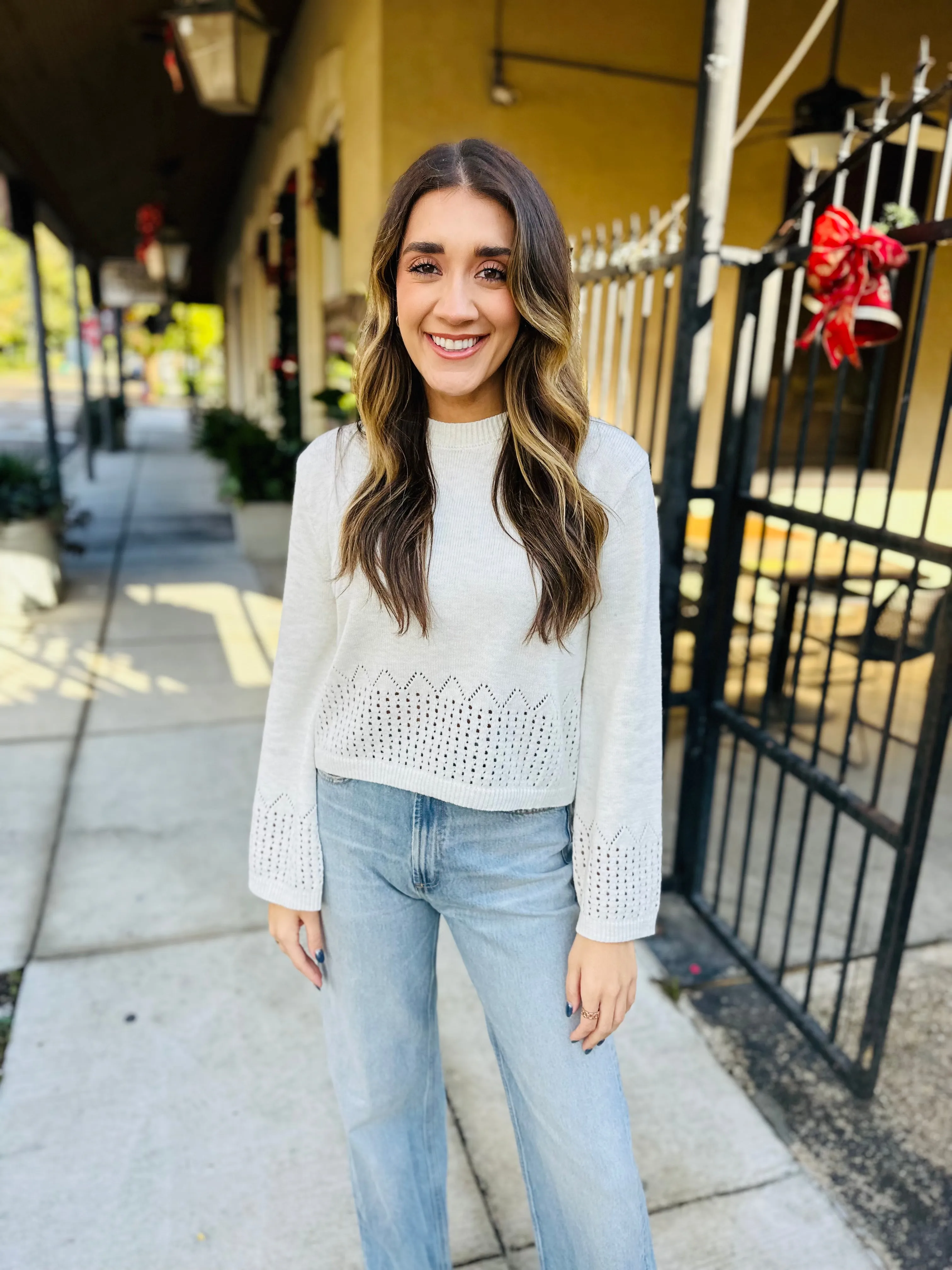 Border Crochet Knitted Top- Oatmeal