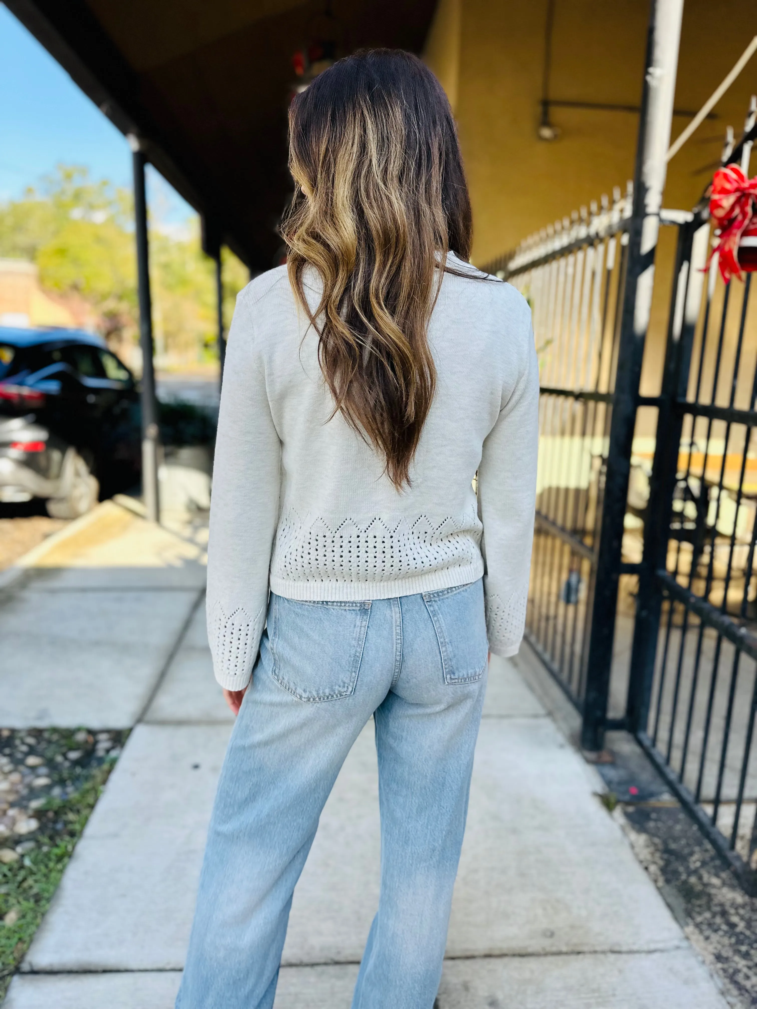 Border Crochet Knitted Top- Oatmeal