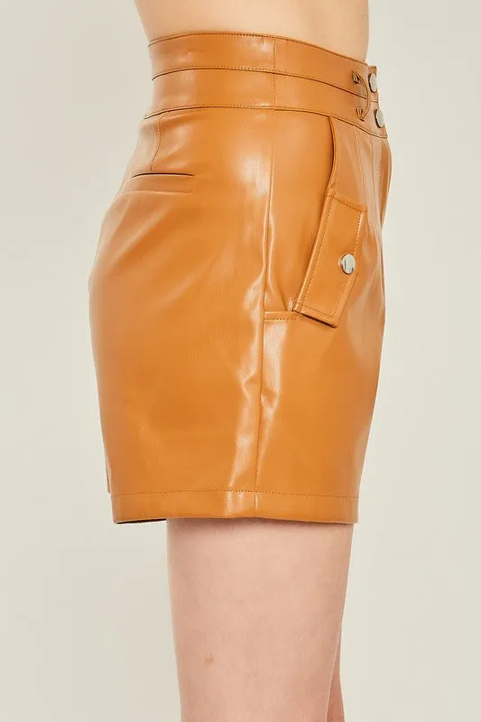Camel Woven Solid Pocket Detail PU Shorts