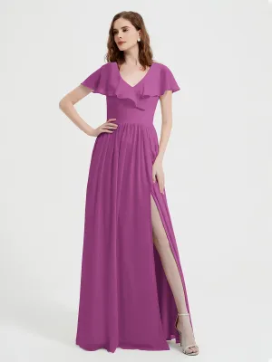 Cap Sleeves Long Chiffon Dresses with Slit-Orchid Plus Size