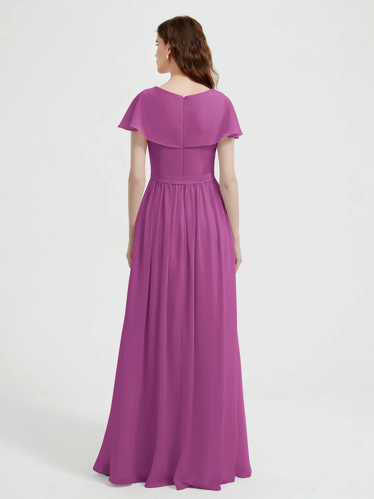 Cap Sleeves Long Chiffon Dresses with Slit-Orchid Plus Size