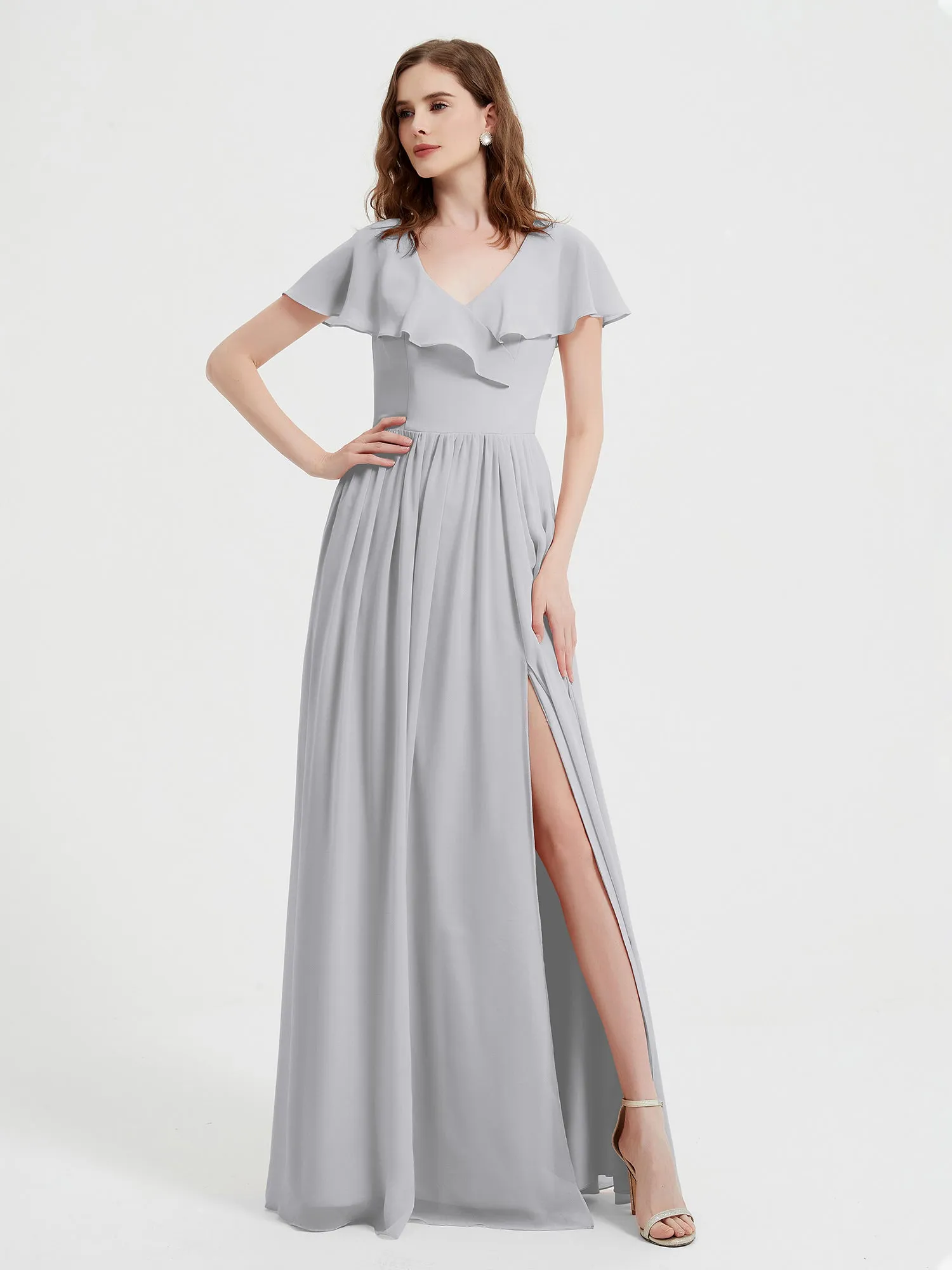 Cap Sleeves Long Chiffon Dresses with Slit-Silver Plus Size
