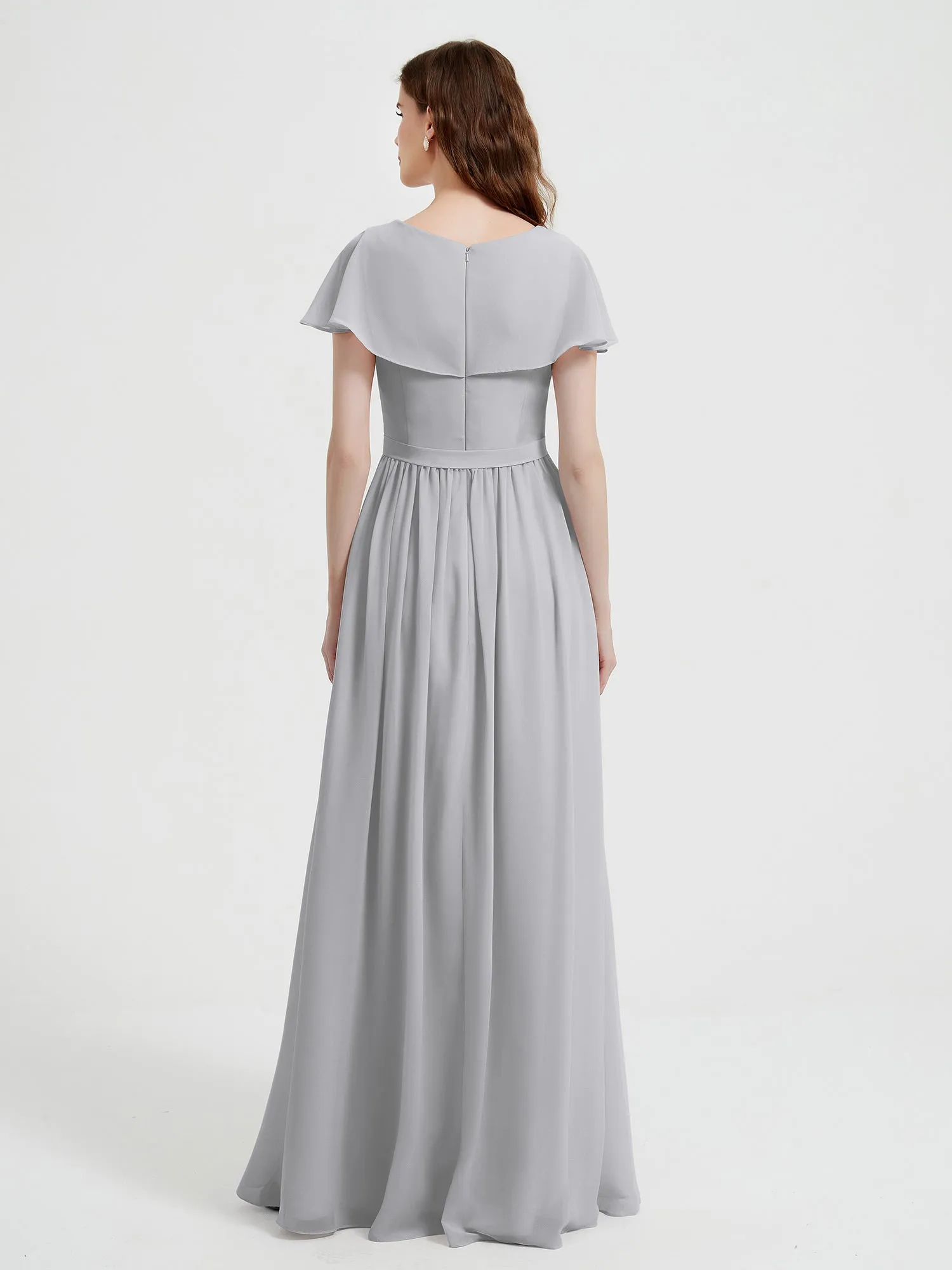 Cap Sleeves Long Chiffon Dresses with Slit-Silver Plus Size