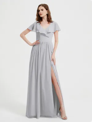 Cap Sleeves Long Chiffon Dresses with Slit-Silver Plus Size