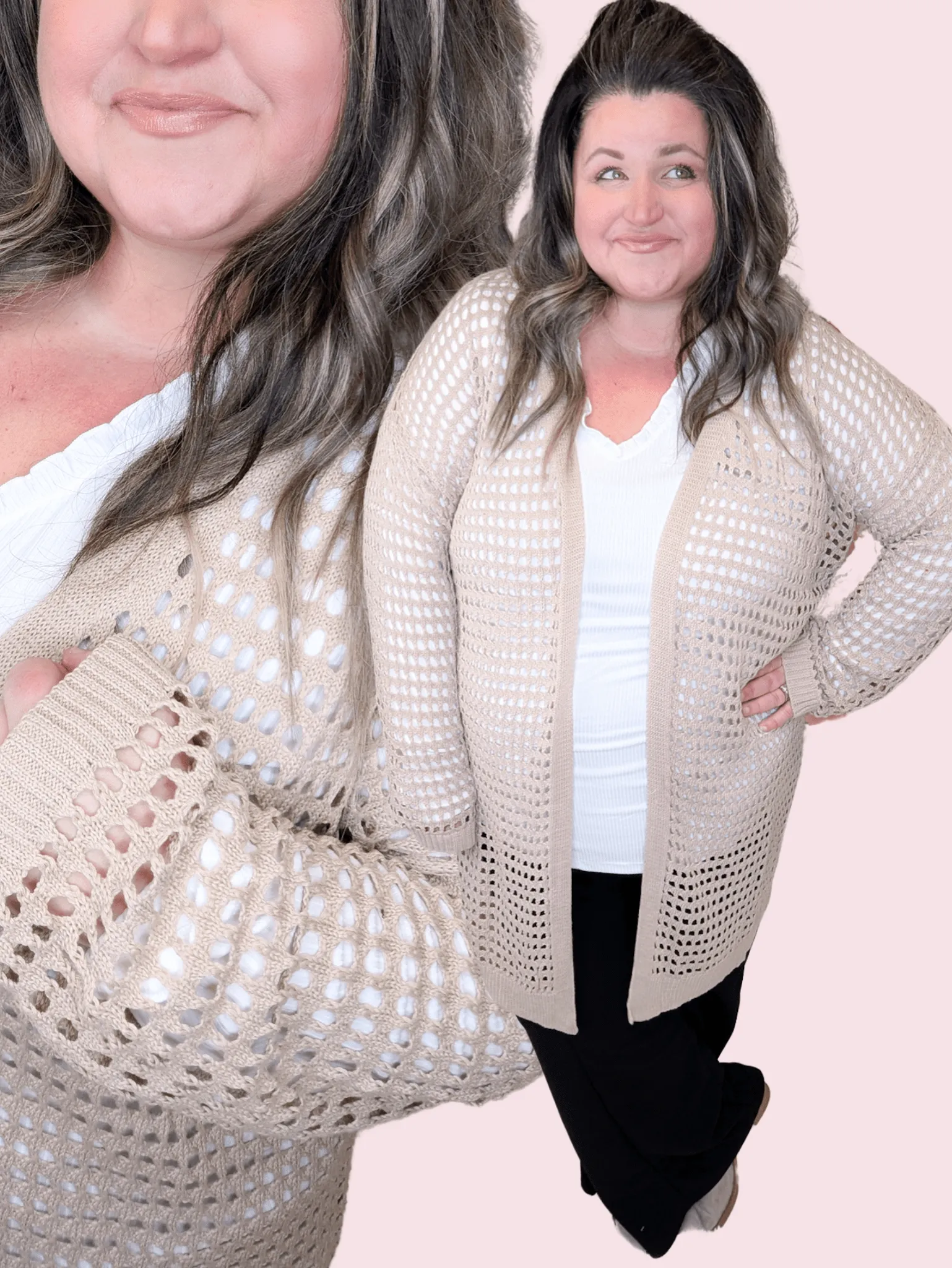 Casey Netted Sweater Cardigan in Taupe