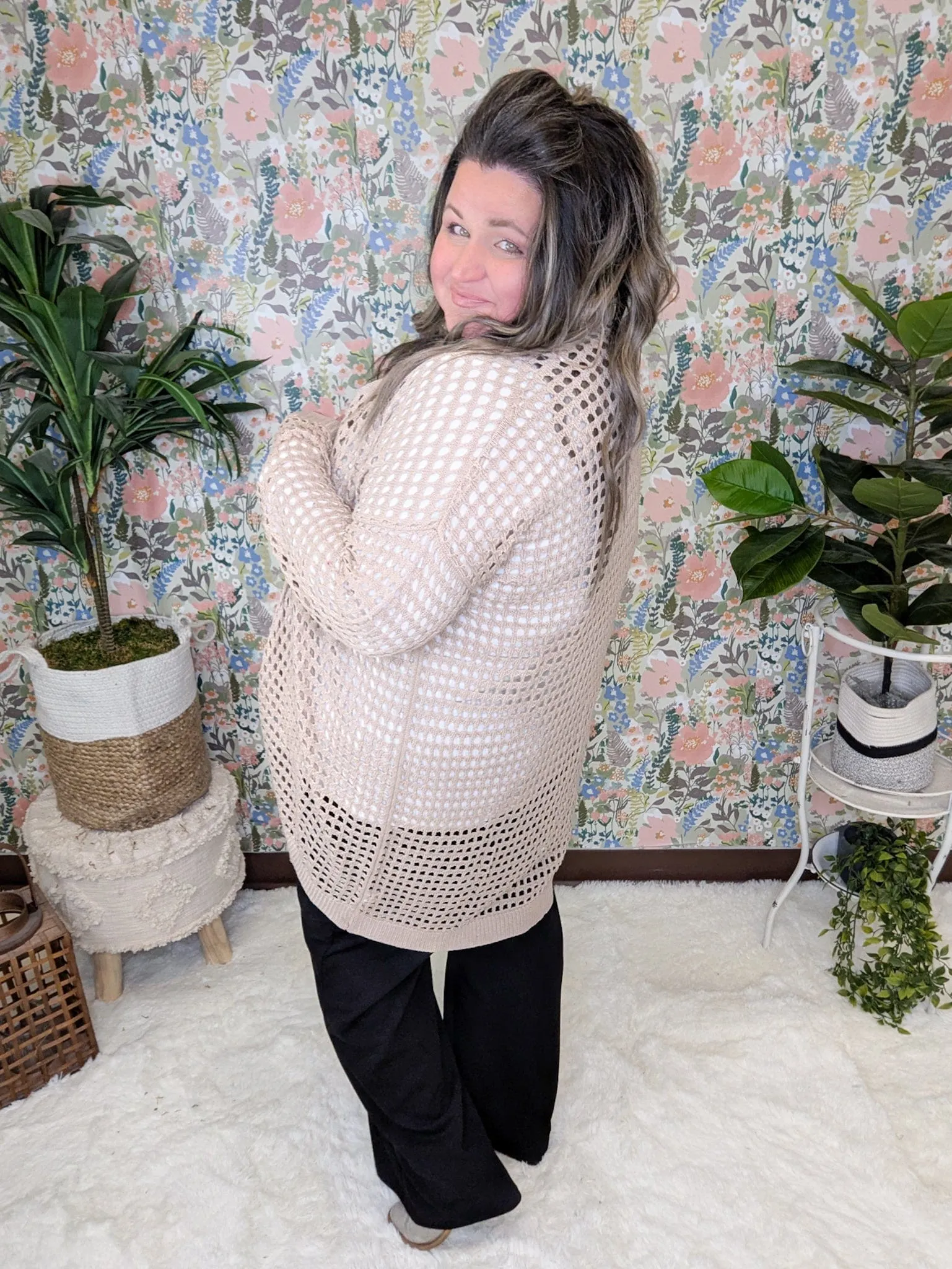 Casey Netted Sweater Cardigan in Taupe