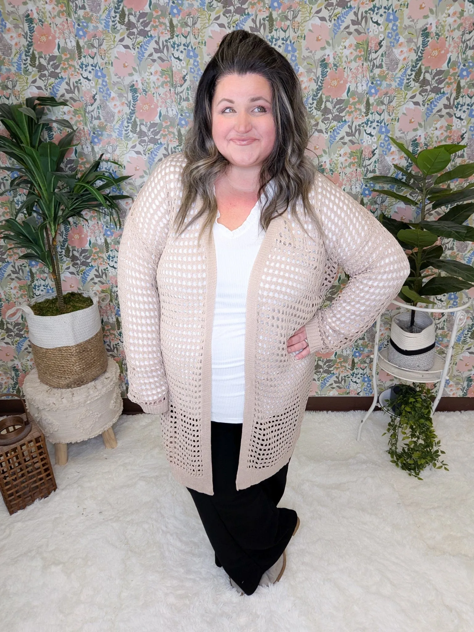 Casey Netted Sweater Cardigan in Taupe