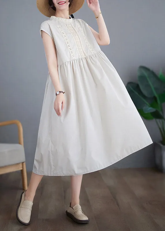Chic Beige O-Neck Solid Cotton Long Dresses Short Sleeve LY3962
