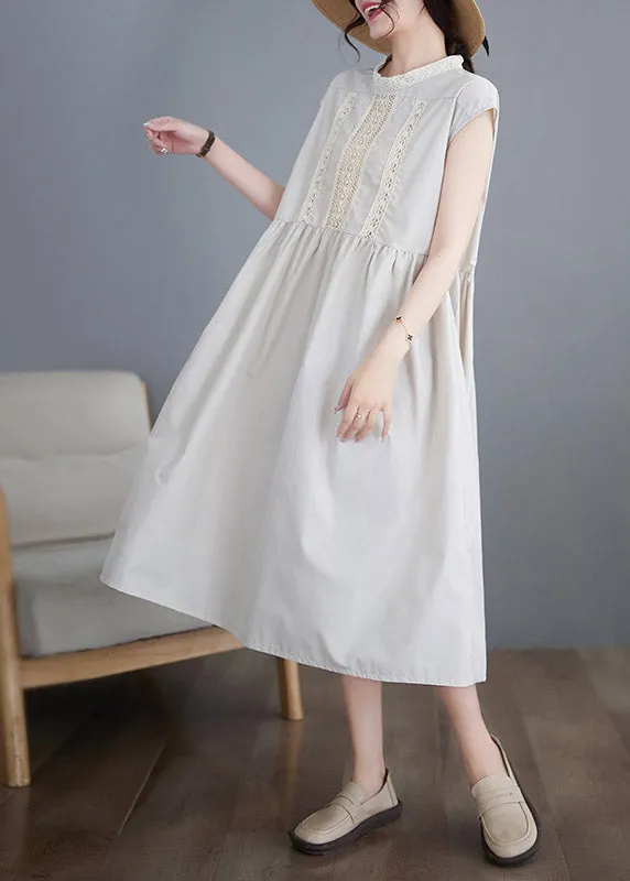 Chic Beige O-Neck Solid Cotton Long Dresses Short Sleeve LY3962