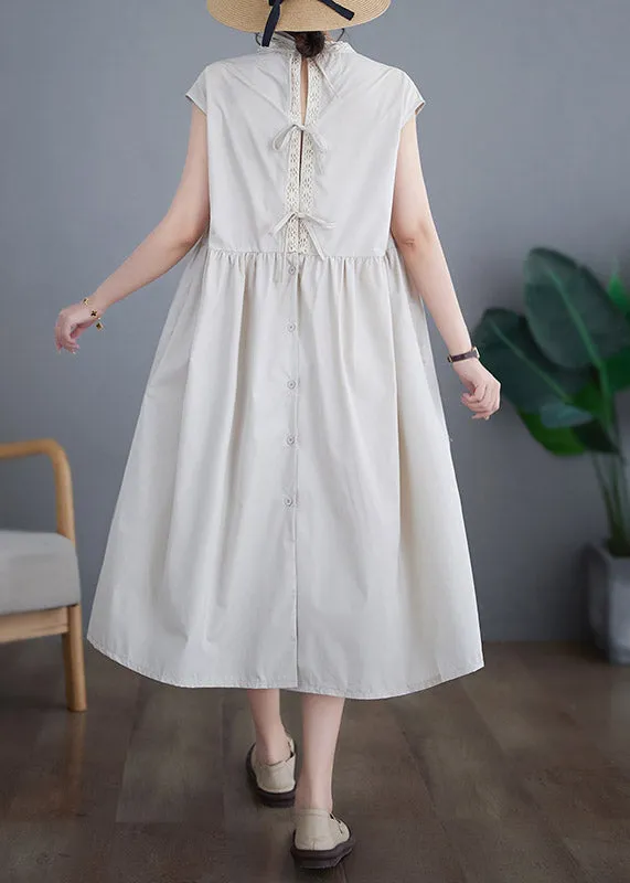 Chic Beige O-Neck Solid Cotton Long Dresses Short Sleeve LY3962