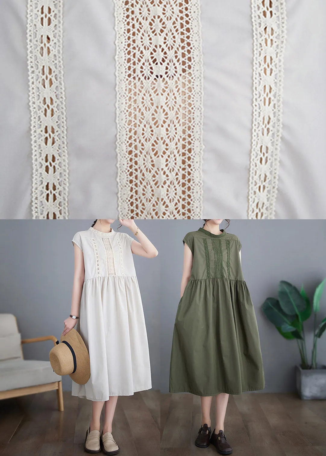 Chic Beige O-Neck Solid Cotton Long Dresses Short Sleeve LY3962