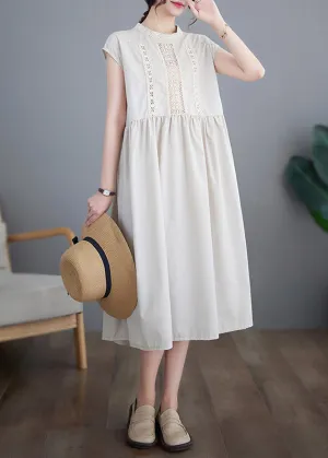 Chic Beige O-Neck Solid Cotton Long Dresses Short Sleeve LY3962