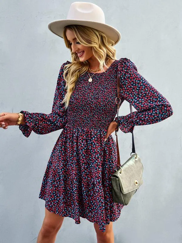 Chic Floral Pattern Long Sleeve Dress for Women