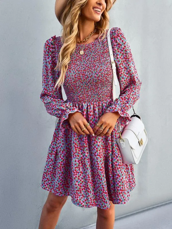 Chic Floral Pattern Long Sleeve Dress for Women