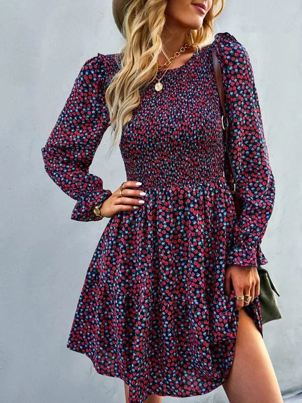 Chic Floral Pattern Long Sleeve Dress for Women