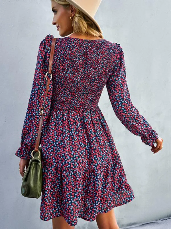 Chic Floral Pattern Long Sleeve Dress for Women