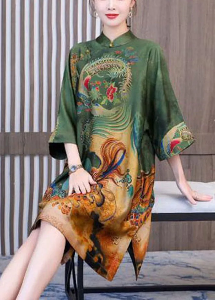 Chic Green Print Chinese Style Silk A Line Dresses Spring LY1727