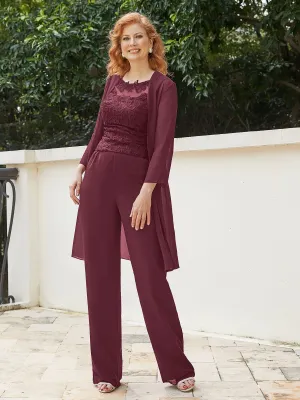 Chic Lace Top Pant Suit with Jacket Cabernet