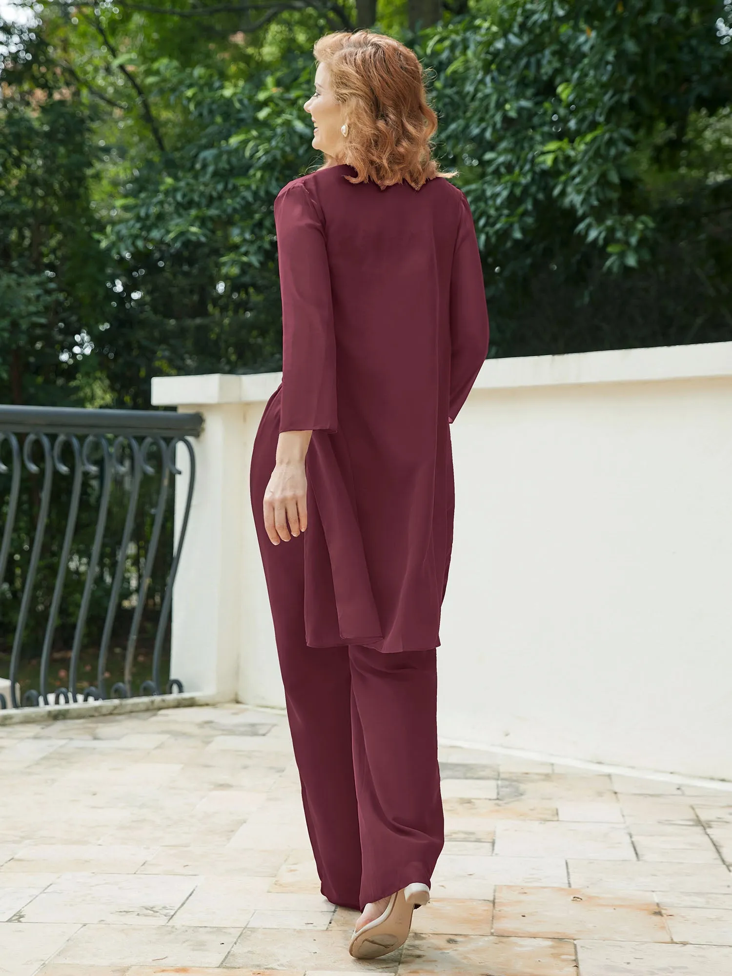 Chic Lace Top Pant Suit with Jacket Cabernet