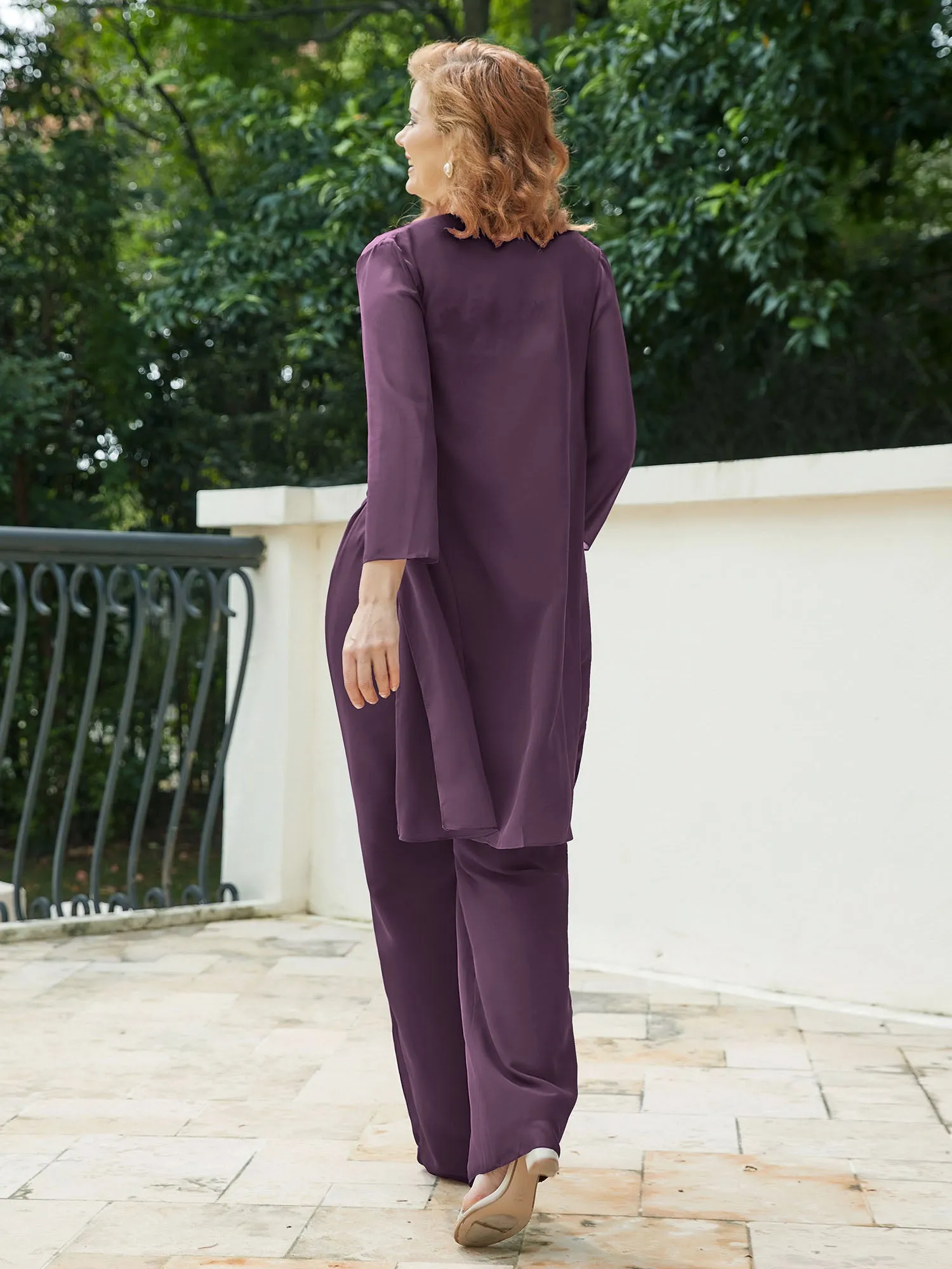 Chic Lace Top Pant Suit with Jacket Plum