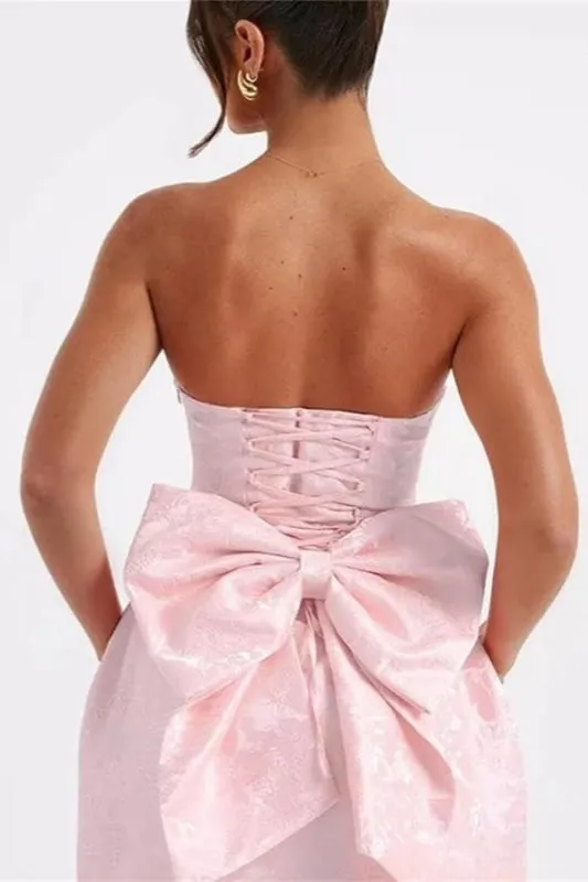 Chic Sleeveless Ruched Satin Floral Jacquard Mini Homecoming Dress with Bow