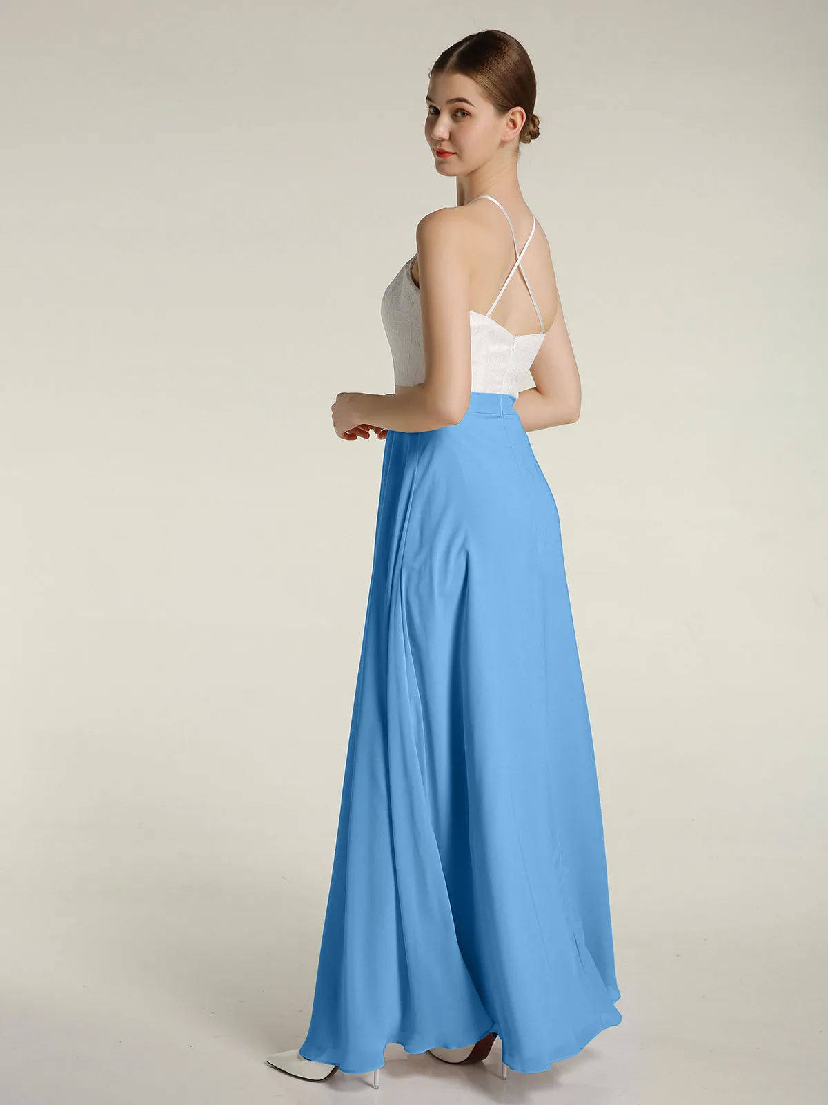 Chiffon Long Dresses with Ivory Lace Bodice-Blue Plus Size