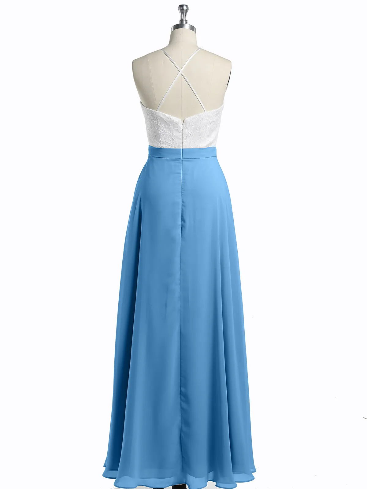 Chiffon Long Dresses with Ivory Lace Bodice-Blue Plus Size