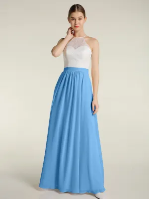 Chiffon Long Dresses with Ivory Lace Bodice-Blue Plus Size